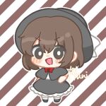  1girl black_capelet black_hat black_shoes black_skirt blush_stickers bow bowtie brown_eyes brown_hair capelet chibi commentary_request diagonal-striped_background frilled_skirt frills full_body hani_(jotogumayumi) hat hat_bow highres looking_at_viewer medium_hair open_mouth red_bow red_bowtie shirt shoes signature skirt smile socks solo striped_background touhou usami_renko white_bow white_shirt white_socks 