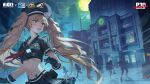  1other 2boys 3girls alternate_costume black_gloves black_hat black_shirt black_skirt brown_hair commentary english_commentary faceless faceless_female faceless_male fang gate gloves goddess_of_victory:_nikke hat highres long_hair miranda_(nikke) moon multiple_boys multiple_girls navel night official_art open_clothes open_mouth outdoors persona persona_3 police police_uniform red_eyes running school second-party_source shirt skin_fang skirt standing twintails walkie-talkie 