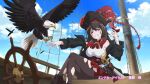  >_o 1girl ascot azur_lane azur_lane:_slow_ahead bird black_coat black_pantyhose breasts brown_hair coat commentary_request cup drinking_glass eagle end_card fang grin hat highres holding holding_cup large_breasts long_hair official_art one_eye_closed pantyhose pirate_hat red_ascot red_eyes red_skirt royal_fortune_(azur_lane) saber_(weapon) sailing_ship sheath ship's_wheel skirt smile solo suction_cups sword tentacle_hair tentacles torn_clothes torn_pantyhose weapon wine_glass 