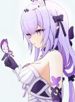  1girl absurdres bare_shoulders black_tiara breasts bug butterfly butterfly_ornament castorice_(honkai:_star_rail) chrysos_heirs_(honkai:_star_rail) commentary_request flower flower_ornament gloves hair_ornament highres honkai:_star_rail honkai_(series) pointy_ears purple_butterfly purple_eyes purple_flower purple_gloves purple_hair solo take_(take96254) tiara 