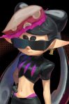  1girl black_background black_gloves black_hair bow-shaped_hair callie_(octo_idol_outfit)_(splatoon) callie_(splatoon) commentary_request crop_top dbwuqldvec82805 dotted_background earrings facing_viewer fish_(food) food food-themed_earrings food_art gloves hand_on_own_hip highres hypnoshades_(splatoon) inkling jewelry long_hair mole mole_under_eye navel octopus_hair_ornament octopus_sashimi orange_background padded_shoulders pink_leaf pink_shiso_leaf pointy_ears sashimi short_eyebrows short_sleeves solo splatoon_(series) splatoon_2 stomach suction_cups sunglasses tako-san_wiener tako-san_wiener_earrings tentacle_hair thick_eyebrows two-tone_background upper_body very_long_hair 