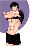  1boy abs black_male_underwear boxer_briefs clothes_lift commentary_request cowboy_shot dated fushiguro_toji hip_bones jujutsu_kaisen makio1313 male_focus male_underwear muscular muscular_male pectorals profile purple_shirt shirt shirt_lift signature smile solo t-shirt twitter_username underwear undressing 