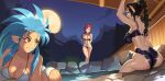  3girls absurdres arm_up arms_behind_back ass baldur's_gate baldur's_gate_3 bikini black_hair blue_hair braid braided_ponytail breasts closed_eyes closed_mouth cloud collarbone crossover dungeons_&amp;_dragons elf eyelashes fence glasses highres long_hair looking_to_the_side lorelei_(pokemon) moon multiple_girls navel night onsen open_mouth orlek pointy_ears pokemon pokemon_firered_and_leafgreen ponytail red_eyes red_hair ryouko_(tenchi_muyou!) shadowheart_(baldur's_gate) sidelocks sitting sky spiked_hair standing swimsuit tenchi_muyou! water water_drop white_bikini yellow_eyes 