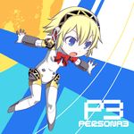  aegis_(persona) android blonde_hair blue_eyes bow copyright_name headphones open_mouth outstretched_arms persona persona_3 short_hair shoumaru_(gadget_box) solo 