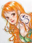  1girl bare_shoulders bikini breasts brown_eyes cleavage closed_mouth collarbone commentary_request earrings eyelashes green_bikini hair_behind_ear highres jewelry large_breasts long_hair looking_at_viewer momopine_op nami_(one_piece) one_piece orange_hair shoulder_tattoo solo stud_earrings swimsuit tattoo tongue tongue_out twitter_username upper_body wavy_hair 