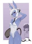  absurdres angel animal_ears azazel_(helltaker) black_sclera blue_skin blush breasts bunny_day colored_sclera colored_skin commentary demon_girl demon_horns demon_tail detached_collar fake_animal_ears fake_tail halo helltaker highres horns jdw leotard moon_(helltaker) multiple_girls no_mouth playboy_bunny rabbit_tail red_eyes short_hair strapless strapless_leotard tail tentacles tray untranslatable_commentary white_hair white_horns 