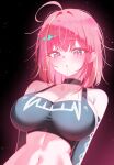  1girl :o absurdres ahoge akane_lize alt_text armpit_crease black_background black_choker black_sports_bra blonde_streaks blush breasts choker cleavage commentary crop_top from_below grey_eyes hair_in_own_mouth hair_intakes highres large_breasts looking_at_viewer looking_down medium_hair mole mole_under_eye multicolored_hair navel parted_lips pink_hair solo sparkling_eyes sports_bra stellive stomach straight_hair streaked_hair upper_body virtual_youtuber white_mouth yeomhwauranyum 