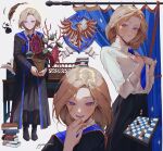  1girl artist_name black_robe black_shoes black_skirt black_sleeves blonde_hair blue_necktie blush book chessboard closed_mouth collar collared_shirt commentary curtains desk emblem full_body hand_up hands_up highres holding holding_plant ink long_hair long_sleeves looking_at_viewer making-of_available mole mole_under_eye multiple_views necktie open_mouth original parted_lips plant pleated_skirt potted_plant purple_eyes pyampom quill robe shirt shoes skirt sleeve_cuffs standing teeth white_background white_collar white_shirt white_sleeves 
