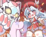  +_+ 1girl 2others animal_ears belt blue_hair cat_ears chaperon_hat chibi commentary_request epica_(trickcal) fewer_digits gradient_hair highres long_hair multicolored_hair multiple_others nnnnnmmmi4323 open_mouth orange_background parted_bangs pink_hair puffy_short_sleeves puffy_sleeves red_eyes red_shirt robot robot_cat shirt short_sleeves shorts trickcal unicorn unicorn_girl unicorn_horn white_shorts 
