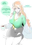  1girl absurdres black_skirt blonde_hair breasts cleavage coffee colored_speech_bubble cup english_text green_eyes green_nails green_shirt highres holding holding_cup jacket jacket_partially_removed lanyard large_breasts mug nyxcisme original pencil_skirt shirt simple_background sitting skirt solo speech_bubble white_background 