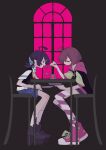  2girls ahoge black_background black_hair brown_hair chair closed_eyes commentary_request feeding food from_side highres holding hood hoodie multiple_girls open_mouth original plate renren_(ah_renren) shoes short_hair simple_background sitting skirt smile sneakers spoon striped_clothes striped_thighhighs table thighhighs window 