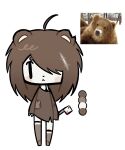  1girl :< animal_ears asymmetrical_legwear bear_ears black_bra black_eyes blood blood_on_weapon blush bra brown_hair brown_shirt brown_thighhighs chibi chibi_only cleaver closed_mouth color_guide commentary english_commentary hair_over_one_eye highres holding holding_cleaver holding_weapon limited_palette looking_at_viewer mismatched_legwear notched_ear off-shoulder_shirt off_shoulder original pale_skin personification reference_sheet shirt short_hair simple_background solo stitched_clothes thighhighs underwear vanessa_(vavanessaaz) weapon white_background 