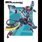  character_name commentary copyright_name english_commentary glowing glowing_eyes glowing_hot gquuuuuux green_eyes gundam gundam_gquuuuuux heat_hawk highres js_71535 lens_flare logo mecha mecha_focus mobile_suit no_humans robot science_fiction solo title v-fin zeon 