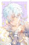  1boy antenna_hair arm_guards armor artist_name black_choker black_shirt blue_eyes blue_flower blue_hair border character_name checkered_background choker closed_mouth coat collarbone collared_shirt commentary english_commentary english_text flower four-pointed_star hair_between_eyes hand_up high_collar highres holding holding_flower honkai:_star_rail honkai_(series) long_sleeves looking_at_viewer male_focus outside_border phainon_(honkai:_star_rail) purple_background randomysa shirt short_hair shoulder_armor smile solo sun_symbol upper_body white_border white_coat yellow_pupils 