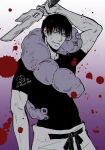  1boy arm_up blood blood_splatter commentary_request dated fushiguro_toji holding holding_weapon inventory_curse_(jujutsu_kaisen) jujutsu_kaisen makio1313 male_focus monster partially_colored scar scar_on_face scar_on_mouth shirt signature smile t-shirt toned toned_male twitter_username weapon 