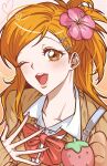  1girl bleach blush bow bowtie brown_eyes brown_sweater collarbone eyelashes flower food fruit hair_flower hair_ornament hair_up hairclip heart highres inoue_orihime long_hair long_sleeves looking_at_viewer loose_bowtie one_eye_closed open_mouth orange_hair p_tlnfinder pink_flower red_bow red_bowtie school_uniform shirt sleeves_past_wrists snowflake_hair_ornament solo strawberry sweater upper_body white_shirt 