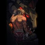  1boy artist_name berrybooze black_background commentary elezen elf english_commentary extra_eyes fangs final_fantasy final_fantasy_xiv fingerless_gloves gloves glowing glowing_eyes grey_hair lindwurm_(ff) looking_at_viewer male_focus monster muscular muscular_male no_shirt open_mouth pillarboxed pointy_ears ponytail red_eyes scar scar_on_back scar_on_shoulder sharp_teeth short_hair short_ponytail size_difference solid_eyes teeth the_tyrant_(ff14) white_gloves 