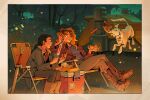  2girls absurdres animal_ears black_hair black_jacket black_pants blonde_hair blue_shirt brown_coat coat commentary crossed_legs dc_comics dog dog_ears dog_tail eating english_commentary eyewear_on_head highres hot_dog hot_dog_bun jacket krypto_the_superdog long_hair multiple_girls one_eye_closed open_clothes open_coat open_jacket pants red_shirt ruthye_marye_knoll shirt sitting spacecraft sunglasses supergirl supergirl_(2026) supergirl_(movie_costume) superman_(series) sword tail vickychendraws weapon white_fur 