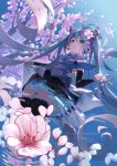  1girl absurdres bare_shoulders black_skirt black_sleeves black_thighhighs blue_eyes blue_hair blue_nails blue_necktie cherry_blossoms chinese_commentary collared_shirt commentary_request cowboy_shot detached_sleeves double-parted_bangs flower grey_shirt hair_between_eyes hair_flower hair_ornament hatsune_miku highres long_hair long_sleeves miniskirt nail_polish necktie open_mouth panties pleated_skirt reflection reflective_liquid shirt skirt sleeveless sleeveless_shirt solo striped_clothes striped_panties thighhighs thzskyzx tie_clip twintails underwear very_long_hair vocaloid white_panties 