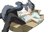  1boy absurdres animal_ear_fluff animal_ears asaba_harumasa black_hair black_pants box cardboard_box cat_ears cat_tail commentary_request fangs fish hairband hhhye_tw highres in_box in_container looking_at_viewer male_focus pants parted_bangs shirt short_hair sidelocks simple_background smile solo tail white_background white_shirt yellow_hairband zenless_zone_zero 