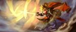  1boy armor armored_boots belt black_jacket black_pants blonde_hair boots brown_belt cape cloak commentary_request dust dutch_angle fantasy full_body gauntlets glowing glowing_sword glowing_weapon highres holding holding_shield holding_sword holding_weapon jacket jun_(navigavi) knee_armor light_particles looking_at_viewer looking_to_the_side male_focus original pants parted_lips red_cape red_cloak revision round_shield shield short_hair shoulder_armor solo standing sword very_short_hair weapon yellow_eyes 
