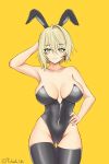  1girl absurdres animal_ears arm_behind_head armpit_crease ass_visible_through_thighs bare_arms bare_hips bare_shoulders blonde_hair breasts breasts_apart collarbone commentary confused covered_navel dot_nose earrings girls'_frontline girls'_frontline_2:_exilium green_eyes groin hair_between_eyes hand_on_own_hip hand_up highleg highleg_leotard highres jewelry kentumatsu large_breasts leotard medium_hair multicolored_hair nervous_smile no_bra playboy_bunny plunging_neckline rabbit_ears sextans_(girls'_frontline_2) skin_tight smile solo strapless strapless_leotard thick_thighs thigh_gap thighhighs thighs wavy_mouth yellow_background 