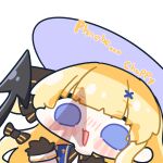  1girl :3 black_bow black_gloves blonde_hair blue_eyes blush bow chibi chibi_only commentary_request demon_tail english_text gloves hair_bow hair_ornament hand_up hat highres long_hair looking_ahead looking_at_viewer open_mouth partially_shaded_face penis_shadow phallic_symbol phoebe_(wuthering_waves) portrait simple_background solo striped_bow syurikenmaru tail waving white_hat wuthering_waves x_hair_ornament 