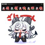  1girl ahoge black_gloves black_horns black_jacket black_pants blush chibi chibi_only closed_eyes collared_shirt commentary_request curled_horns demon_tail gloves hair_between_eyes hands_on_own_hips high-waist_pants highres horns jacket long_hair medium_hair mole mole_under_eye multicolored_hair necktie open_mouth pants red_necktie shirt simple_background smile solo standing streaked_hair syurikenmaru tail tight_clothes tight_pants translation_request v-shaped_eyebrows white_background white_hair white_shirt wuthering_waves zani_(wuthering_waves) 