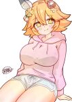  +_+ 1girl animal_ears breasts commentary_request dolphin_shorts ear_covers highres horse_ears kasaneri matikanefukukitaru_(umamusume) orange_hair shorts single_ear_cover solo sweater umamusume white_background yellow_eyes 