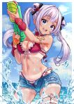  1girl :d absurdres armlet atelierorca bare_shoulders bikini black_ribbon blue_eyes blue_sky border breasts cleavage cloud commentary_request cowboy_shot day denim denim_shorts detached_collar detached_sleeves double_bun frilled_bikini frills groin hair_bun hair_intakes hair_ribbon hands_up heart heart_o-ring highres holding holding_water_gun indie_virtual_youtuber jewelry large_breasts long_hair looking_at_viewer navel o-ring ocean open_fly open_mouth outdoors purple_hair red_bikini red_nails ribbon short_shorts shorts sidelocks sky smile solo standing stomach summer swimsuit tan tanlines teeth tenshin_chao thigh_strap twintails variant_set virtual_youtuber water_gun white_border 