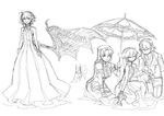  alternate_costume bat_wings closed_eyes dress full_body greyscale hair_ribbon hong_meiling izayoi_sakuya kneeling kuroi_yasu monochrome multiple_girls parasol remilia_scarlet ribbon short_hair sleeveless sleeveless_dress touhou umbrella vampire wings 