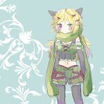  1girl animal_ears blonde_hair blue_background blush breasts cat_ears cat_girl closed_mouth commentary_request cowboy_shot dormir_(challco) elbow_gloves expressionless gloves green_scarf green_shorts green_tank_top grey_gloves grey_pantyhose long_hair looking_at_viewer medium_breasts midriff navel pantyhose pantyhose_under_shorts ragnarok_online ranger_(ragnarok_online) scarf shorts solo tank_top 