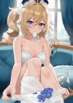  1girl absurdres ayul_(ayulneri_92) barbara_(genshin_impact) blonde_hair blue_eyes bra breasts clothes_pull commentary_request couch curtains genshin_impact hair_between_eyes highres indoors knees_up large_breasts long_hair looking_at_viewer mouth_hold on_couch panties pantyhose pantyhose_pull sitting solo twintails underwear undressing white_bra white_panties white_pantyhose window 