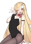  1girl animal_ears armlet black_leotard black_pantyhose blush breasts brown_eyes bunny_day cho_kaguya-hime! highres jewelry kaguya_(cho_kaguya-hime!) kaguya_(tsukuyomi)_(cho_kaguya-hime!) leotard medium_breasts open_mouth pantyhose playboy_bunny rabbit_ears rabbit_girl simple_background solo strapless strapless_leotard teeth tokoname upper_teeth_only white_background 