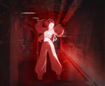  1girl breasts breasts_apart commentary_request crop_top cropped_sweater full_body glitch hallway highres indoors korean_commentary long_hair long_sleeves looking_at_viewer midriff monochrome navel open_mouth original pants red_theme sidelighting sleeves_past_wrists smile solo standing sweater sweatpants uyu_art_77 