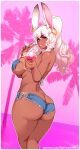  1girl animal_ear_piercing animal_ears ass bikini breasts butt_crack closed_mouth cocktail_glass commission cup dark-skinned_female dark_skin drinking_glass earrings eyebrows_hidden_by_hair eyepatch_bikini final_fantasy final_fantasy_xiv from_behind highres holding holding_cup hoop_earrings jewelry large_breasts lipstick looking_at_viewer makeup medium_hair mole mole_under_eye nofuture palm_tree pink_eyes ponytail rabbit_ears rabbit_girl short_shorts shorts smile solo swimsuit tree v viera warrior_of_light_(ff14) white_hair 