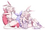  2girls ahoge animal_ear_fluff animal_ears arm_warmers armpits ass babydoll bare_arms bare_shoulders barefoot bean_bag blonde_hair blush braid breasts character_request check_character comedic_sweatdrop commentary_request front_slit full_body grin hair_between_eyes hair_intakes hair_ornament hand_on_own_knee hand_on_own_leg heart heart_ahoge heart_hair_ornament highres hugging_object lace lace-trimmed_babydoll lace-trimmed_panties lace-trimmed_thigh_strap lace_trim large_breasts leg_warmers long_hair looking_at_viewer marshmallow_(savi_(byakushimc)) mochi_(savi_(byakushimc)) mole mole_under_eye multiple_girls navel original panties pom_pom_(clothes) pom_pom_hair_ornament rabbit_ears rabbit_girl rabbit_hair_ornament rabbit_tail red_eyes savi_(byakushimc) simple_background sitting slippers small_breasts smile tail twintails underwear very_long_hair white_background white_hair white_panties 