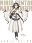  1girl black_eyes black_gloves black_hair character_name closed_mouth clothing_request commentary copyright_name detached_sleeves dress feathers fingerless_gloves full_body gloves gold_sash gold_trim highres jinri_shijie katana long_hair looking_at_viewer low-tied_long_hair ninja_sentai_kakuranger ninja_white obi red_ribbon red_trim ribbon sandals sash sheath sheathed simple_background sleeveless socks solo straight-on super_sentai sword sword_on_back tassel tokusatsu weapon weapon_on_back white_background white_socks wide_sleeves 
