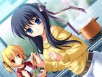  2girls belt black_hair black_ribbon blonde_hair blue_eyes brown_belt chopsticks closed_mouth clover_point collarbone cooking_pot dutch_angle floral_print game_asset hair_bun hair_ornament hair_ribbon half_updo hands_up holding holding_chopsticks holding_mixing_bowl indoors jacket kashiwagi_tsukine kitchen long_hair long_sleeves looking_at_viewer multiple_girls multiple_hair_ribbons non-web_source off-shoulder_sweater off_shoulder open_clothes open_jacket pants red_eyes ribbon self-datamine shirt short_hair short_twintails standing steam sweater takanashi_yaya tiles track_jacket twintails white_pants white_shirt window yellow_sweater yuyi 