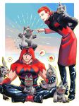  2boys animal_on_back apple black_eyes black_pants black_shoes closed_eyes commentary_request crossed_legs dazzling3ti dog food fruit full_body hair_between_eyes heart highres leaning_forward long_sleeves male_focus maxie_(pokemon) medium_hair mightyena multiple_boys muscular muscular_male on_floor open_mouth pants pokemon pokemon_(creature) pokemon_ruby/sapphire/emerald poochyena purple_hair red_hair red_shoes shoes short_hair sitting smile speech_bubble spoken_heart tabitha_(pokemon) tail tail_wagging team_magma team_magma_uniform 