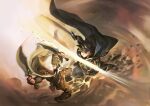  2boys attack belt black_cape black_cloak black_hair black_pants black_shirt blurry blurry_edges boots brown_belt brown_boots brown_pants cape cloak closed_mouth commentary dagger debris dual_wielding duel dust fantasy fingerless_gloves from_side full_body gloves grey_eyes highres holding holding_dagger holding_knife holding_shield holding_sword holding_weapon hood hood_down hood_up hooded_cape hooded_cloak jun_(navigavi) knife leaning_back light_particles long_sleeves looking_at_viewer male_focus motion_lines multiple_boys orange_gloves original outdoors pants shield shirt short_hair slashing sword sword_fight teeth vambraces weapon yellow_cape yellow_cloak yellow_eyes 