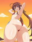  1girl ahoge arms_up ass bikini black_ribbon blue_eyes blush brown_hair evening flat_chest from_behind green_eyes hair_ribbon hairband heterochromia highres long_hair looking_at_viewer looking_back low_twintails orange_sky outdoors red_bikini red_hairband ribbon ryoubi_(senran_kagura) senran_kagura shiny_skin side-tie_bikini_bottom sky smile solo standing sweat swimsuit twintails very_long_hair zatsu 
