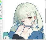  1girl animal_ears arknights art_program_in_frame bang_dream! bang_dream!_it's_mygo!!!!! black_socks blue_shirt chinese_commentary commentary_request floppy_ears green_hair highres hugging_own_legs knees_up lili_guqiu long_hair looking_at_viewer lop_rabbit_ears one_eye_closed parted_lips rabbit_ears rabbit_girl shirt sidelocks simple_background sitting socks solo unfinished wakaba_mutsumi wakaba_mutsumi_(cautus) white_background 