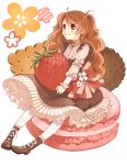  blush_stickers boots brown_boots brown_eyes brown_hair commentary_request cracker dress flower_symbol food frilled_dress frills fruit holding holding_food holding_fruit invisible_floor kannuki_hisui lace-up_boots long_sleeves macaron original oversized_food oversized_object pantyhose pinafore_dress pink_shirt pinstripe_pattern pinstripe_shirt shirt simple_background sitting_on_food sleeveless sleeveless_dress smile strawberry twintails two-tone_shirt wavy_hair white_background white_pantyhose white_shirt 