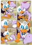  bat bbmbbf blaze_the_cat breasts cat clothing comic dialog feline female fondling kissing lesbian mammal mobius_unleashed palcomix pussy rouge_the_bat sega sonic_(series) text undressing 