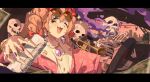  1girl absurdres blonde_hair boqee bow bracelet can car_interior commentary crane_(machine) drill_hair driving eyewear_on_head highres holding holding_can instrument jewelry looking_to_the_side necklace one_eye_closed open_mouth pendant portrait red_bow red_shirt round_eyewear shirt skull solo steering_wheel sunglasses touhou trumpet twin_drills urban white_shirt yellow_eyes yorigami_jo'on 