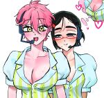  2girls absurdres alien_stage blush breasts cleavage closed_mouth collared_shirt commentary glasses green_shirt headset heart highres large_breasts looking_at_breasts microphone mizi_(alien_stage) multiple_girls namisuke_(g7nhvnxzj685690) official_alternate_costume open_mouth puffy_short_sleeves puffy_sleeves red-framed_eyewear shirt short_sleeves small_breasts smile striped_clothes striped_shirt sua_(alien_stage) vertical-striped_clothes vertical-striped_shirt white_background white_shirt yuri 