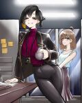  2girls ahoge alternate_costume belt binah_(project_moon) black_eyes black_hair black_jacket blonde_hair breasts brown_hair coffee colored_inner_hair dress hair_ornament hairclip highres hod_(project_moon) holding impossible_clothes impossible_sweater jacket lanyard large_breasts library_of_ruina medium_hair mole mole_under_eye multicolored_hair multiple_girls pants ponytail project_moon ribbed_sweater short_hair short_ponytail skin_tight smile sweater thighs turtleneck turtleneck_sweater utsukushiidesu 
