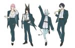  1boy 3girls absurdres alternate_costume animal_ear_fluff animal_ears asaba_harumasa black_hair black_jacket black_pants black_suit closed_mouth commentary expressionless fox_ears fox_girl full_body hair_between_eyes hand_in_pocket hhhye_tw highres holding holding_removed_eyewear horns hoshimi_miyabi jacket jewelry long_hair looking_at_viewer multiple_girls necklace necktie one_eye_closed oni open_mouth pants parted_bangs pink_hair pointy_ears red_eyes shirt short_hair sidelocks simple_background smile soukaku_(zenless_zone_zero) standing suit tail tsukishiro_yanagi untranslatable_commentary unworn_eyewear white_background white_hair white_shirt yellow_eyes zenless_zone_zero 