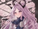 1girl ahoge alternate_costume black_halo blue_archive blue_scarf blurry blurry_background blush brown_horns commentary_request english_commentary flat_chest gloves grey_gloves hair_intakes halo hands_up highres hina_(blue_archive) horns jacket long_hair long_sleeves looking_at_viewer messy_hair mixed-language_commentary multicolored_halo multiple_horns outdoors parted_bangs parted_lips pink_halo plaid_clothes plaid_scarf purple_background purple_eyes scarf snowing solo two-tone_halo upper_body white_jacket wrightia 